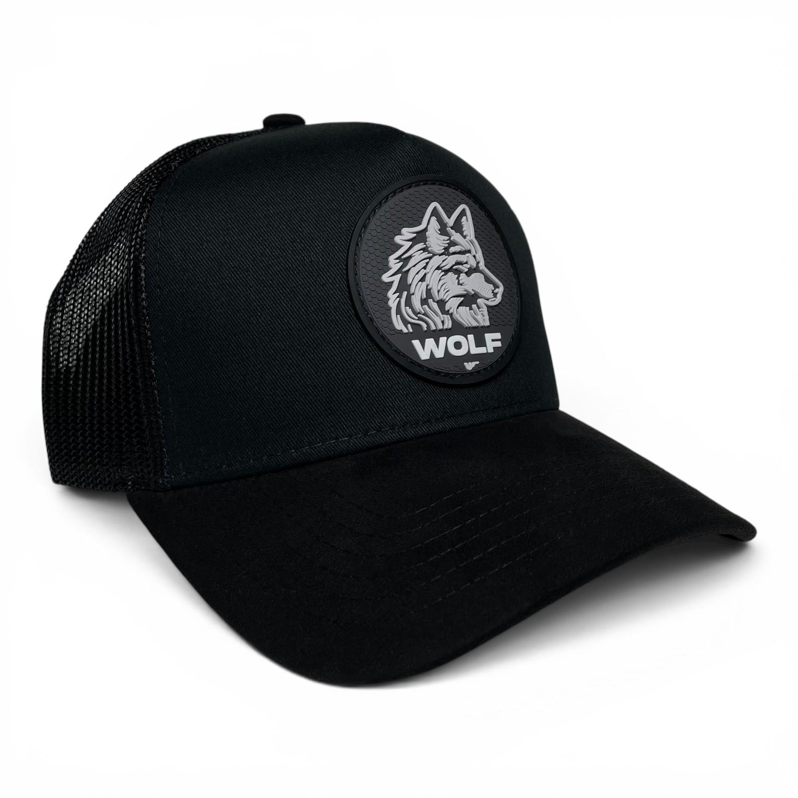 Wolf 3D PVC Patch Suede Snapback Hat – Black, Mesh Back, Suede Brim