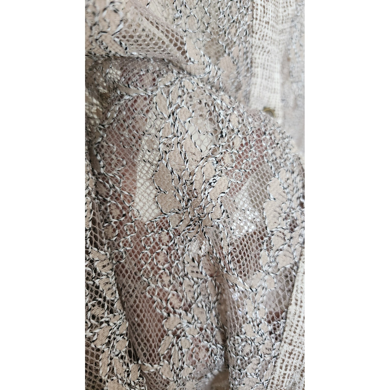 Mystree Women Beige Metallic Lace Sheer Button Down Cardigan Quiet Luxury