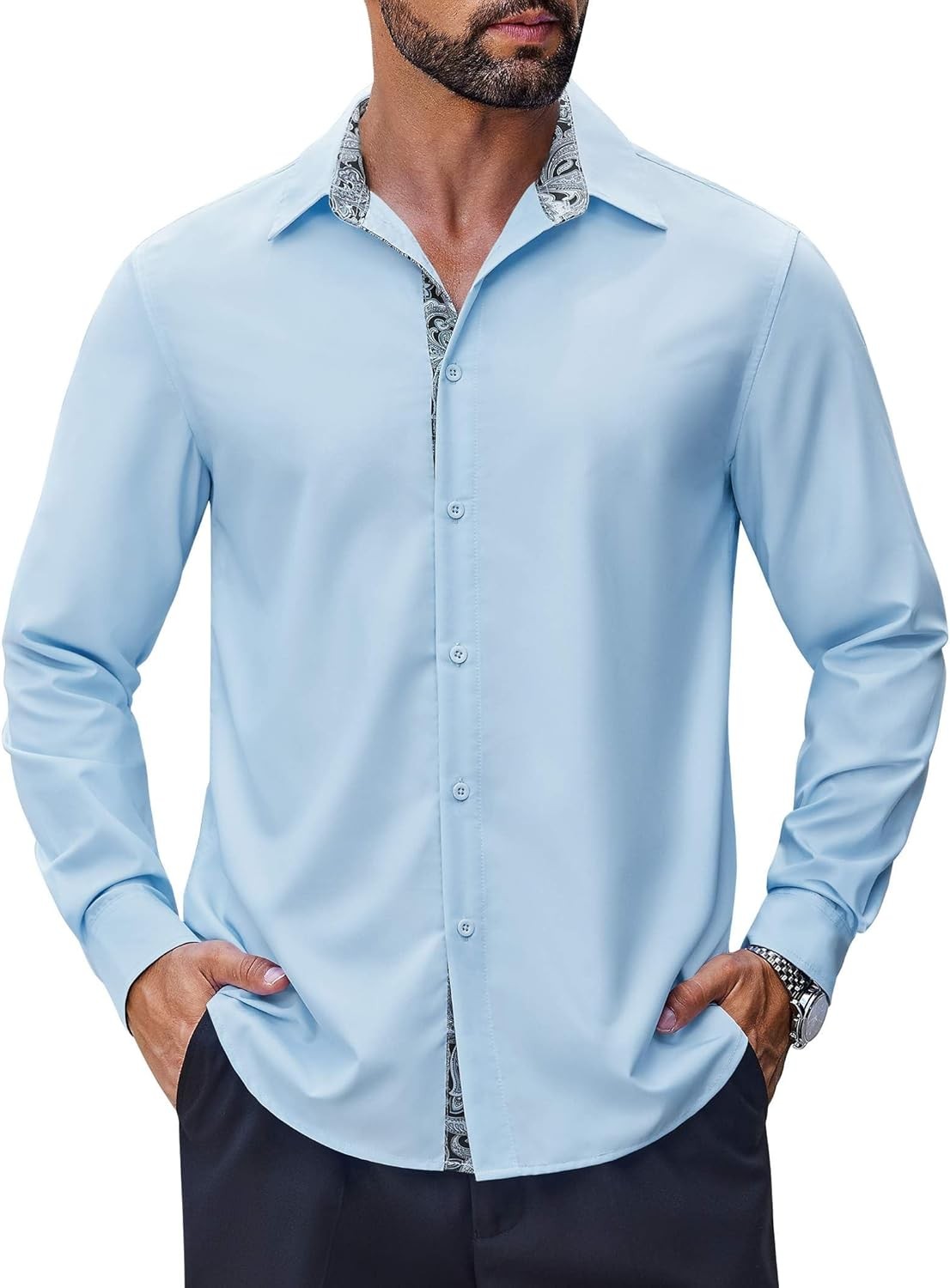 Coofandy Men’s Long Sleeve Wrinkle Mens Free Dress Shirts Inner Contrast
