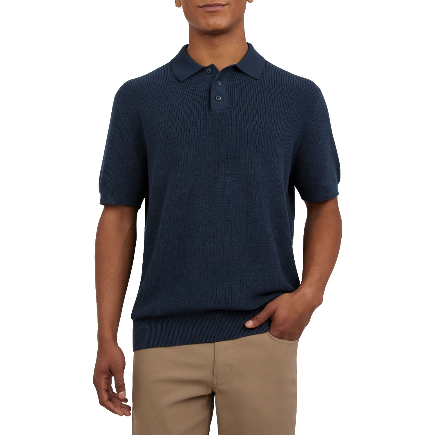 NWT DKNY Mens Navy Short Sleeve Rib Knit 3 Button Placket Collar Sweater Polo L