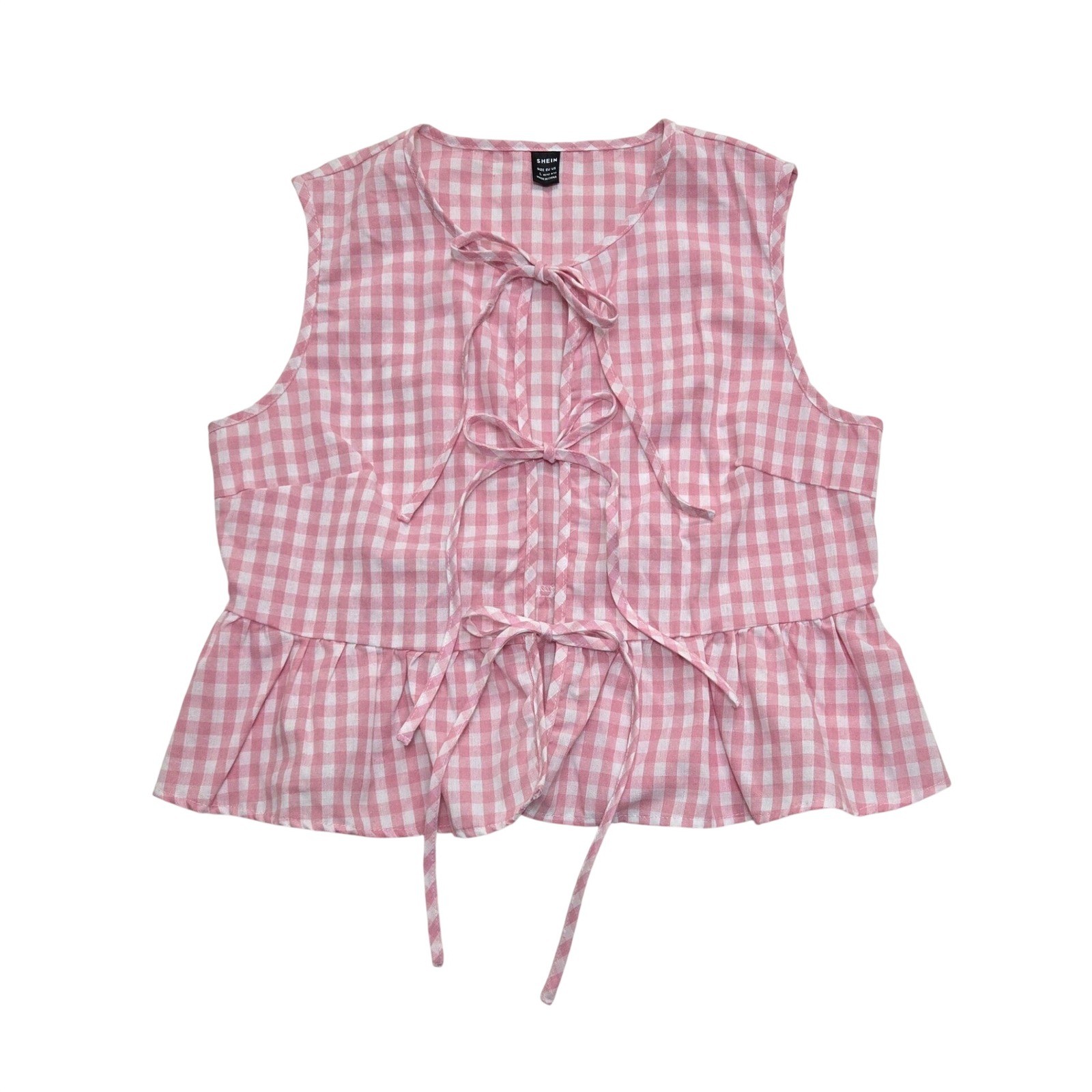 Pink Gingham Tie Front Peplum Sleeveless Top Vest Large Coquette Cottagecore
