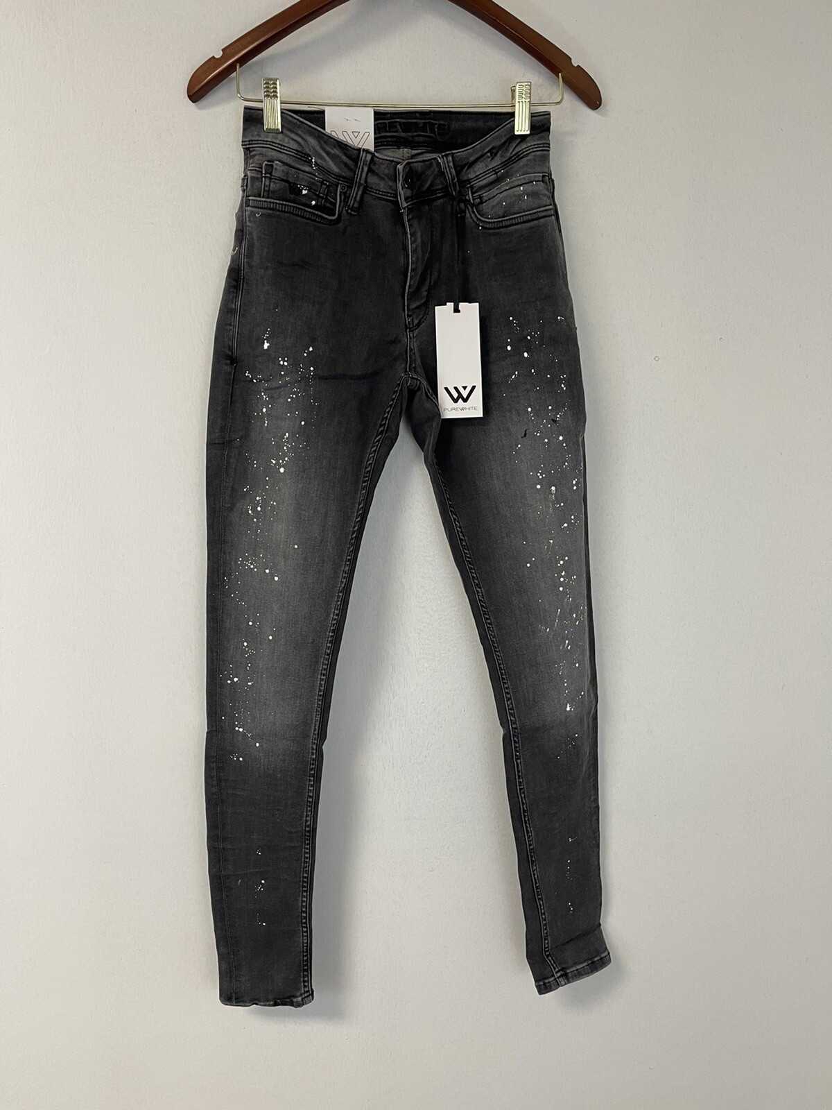 Pure White Jeans Mens 29X31 Black Skinny Distressed Pants Denim Slim Fit N236