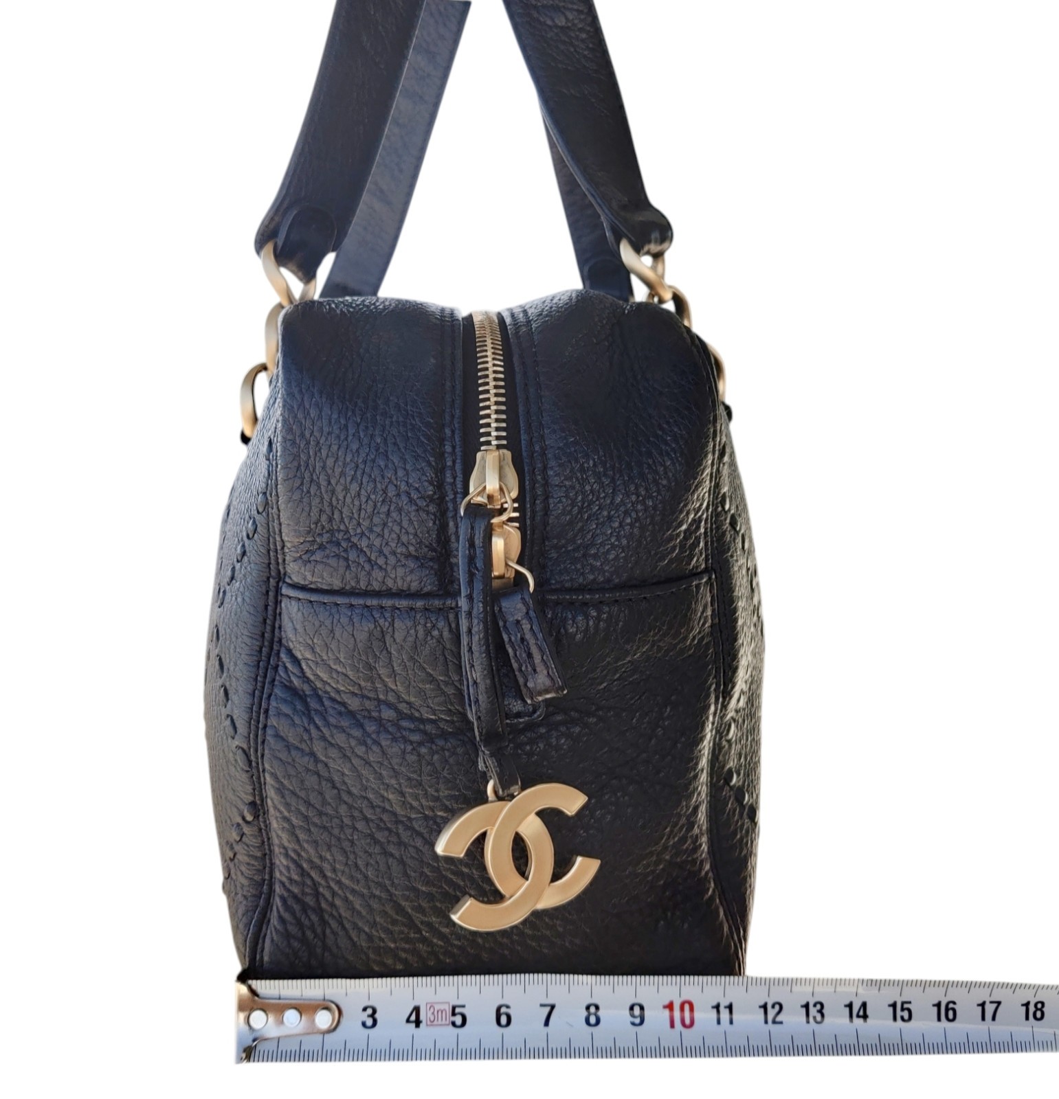 Vintage Chanel Black Leather Bowling Bag Surpique Gold CC Zip Authentic Shoulder
