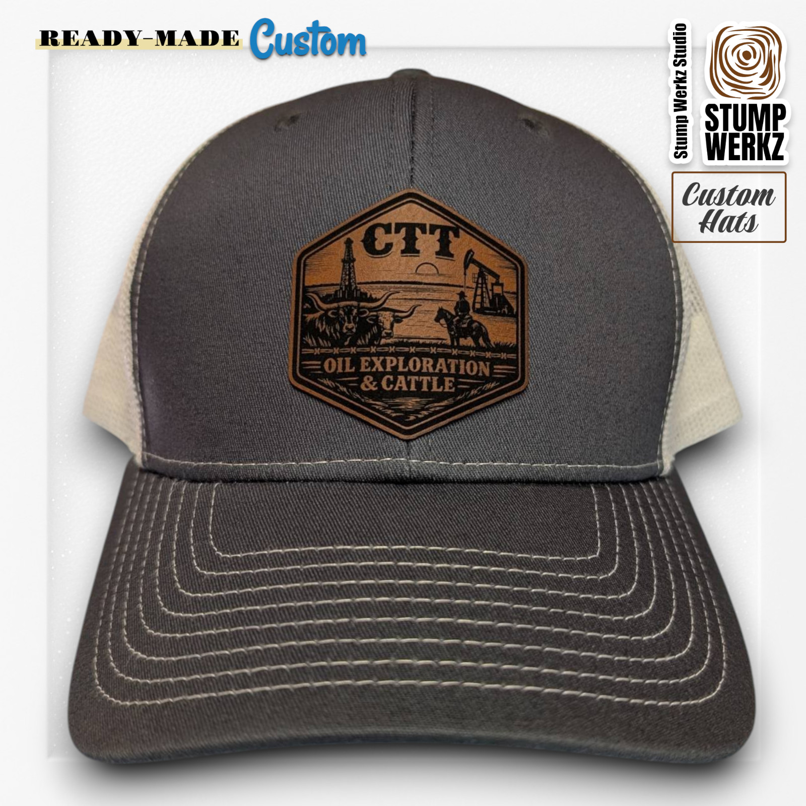 Custom Hat Trucker Baseball Cap Leather Patch CTT Oil Exploration & Cattle Texas