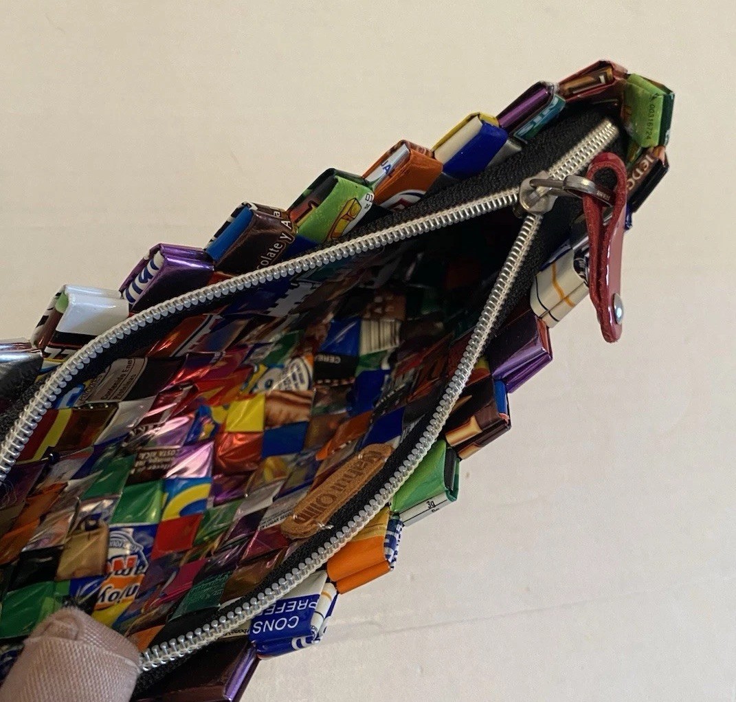 Nahui Ollin Candy Gum Wrapper Woven Purse Zip Closure Recycled Retro Artsy EUC