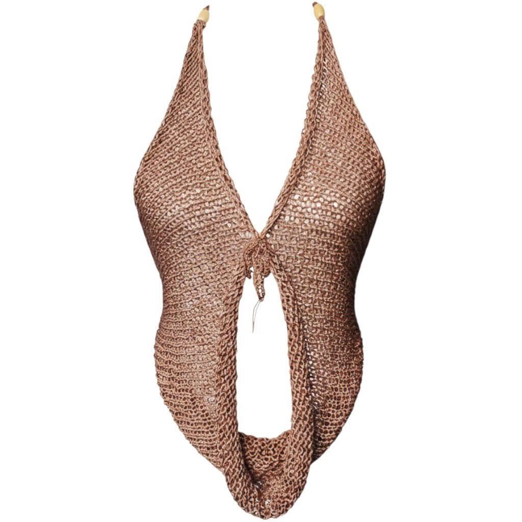 Handmade Knit Halter Top Copper, Bead Accent, Boho Festival Wear
