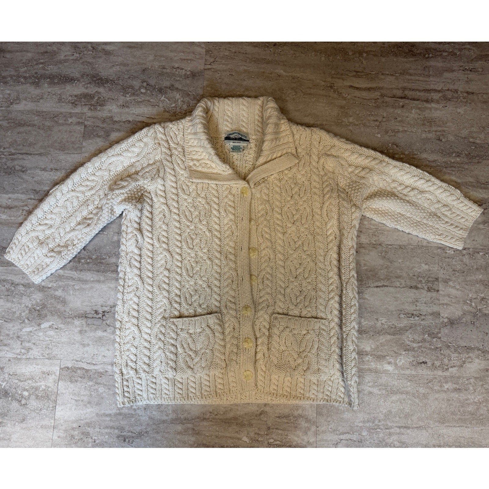 Aran Crafts Ireland Merino Wool Cable Knit Cardigan Cream women’s Large