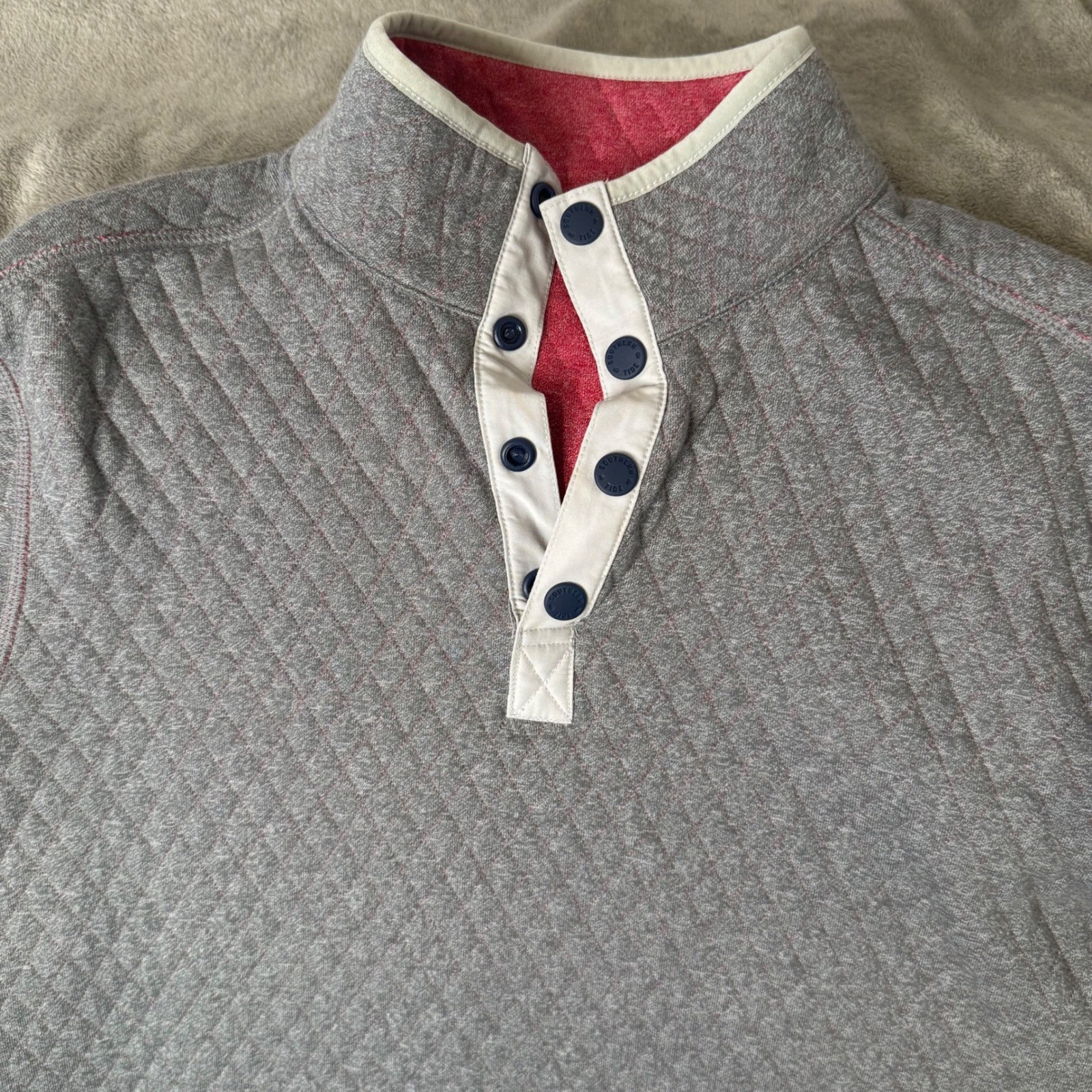 Southern Tide Reversible Quilted Pullover Mens S Red Gray Nautical Layering