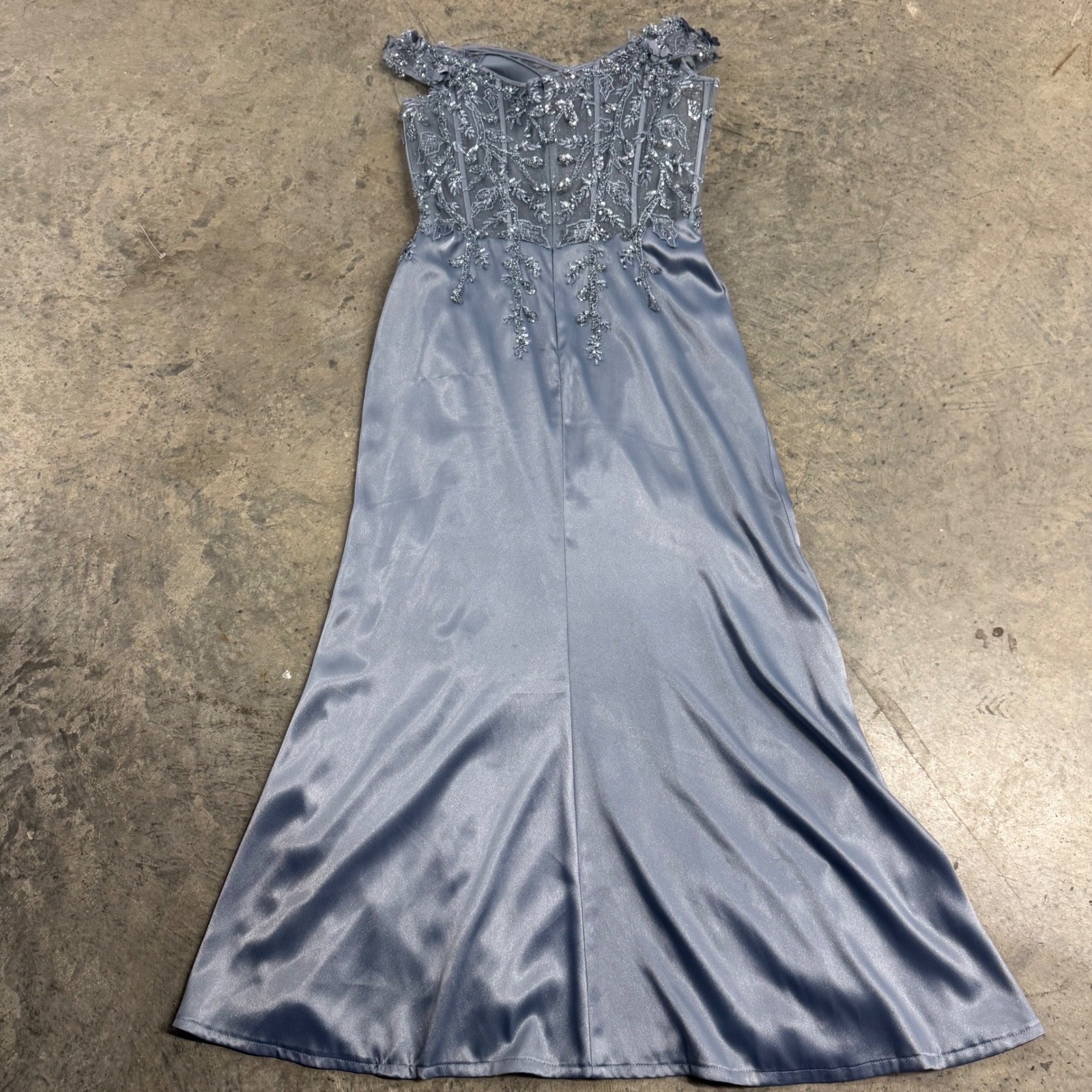 Ladivine by Cinderella Divine Blue Beaded Corset Lace Slit Maxi Gown Dress S/XL