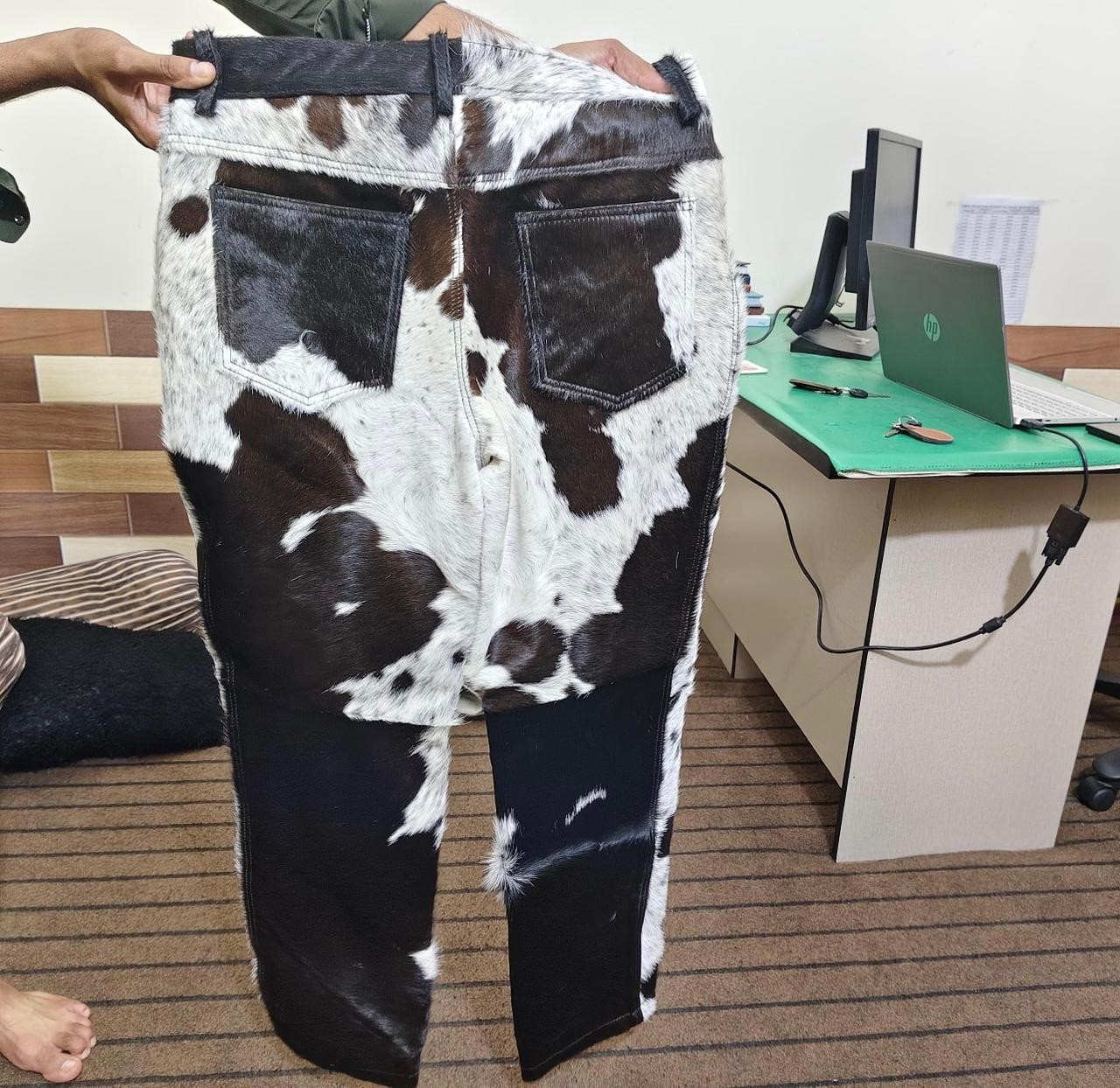 Cowhide Leather Western Pants: Brown & White Fur, Rodeo Style