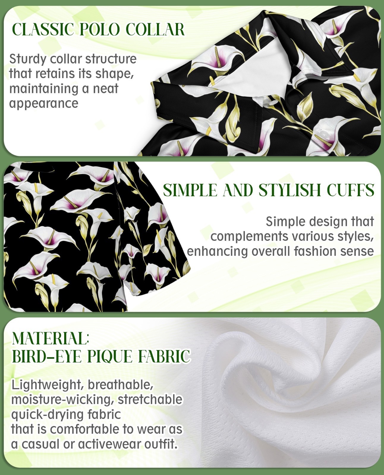 Men’s Polo Shirt Black Calla Lily Floral Golf Shirt Gift for Flower Lovers