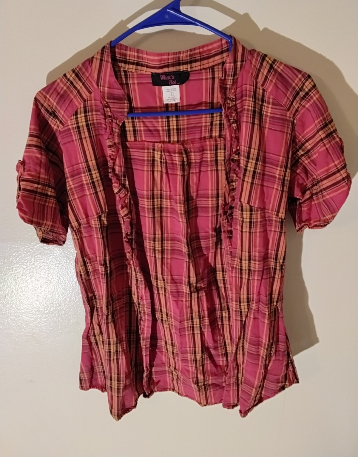 What’s Hot… Women’s Pink Plaid V-Neck Ruffle Button Puff Sleeve Blouse Size S