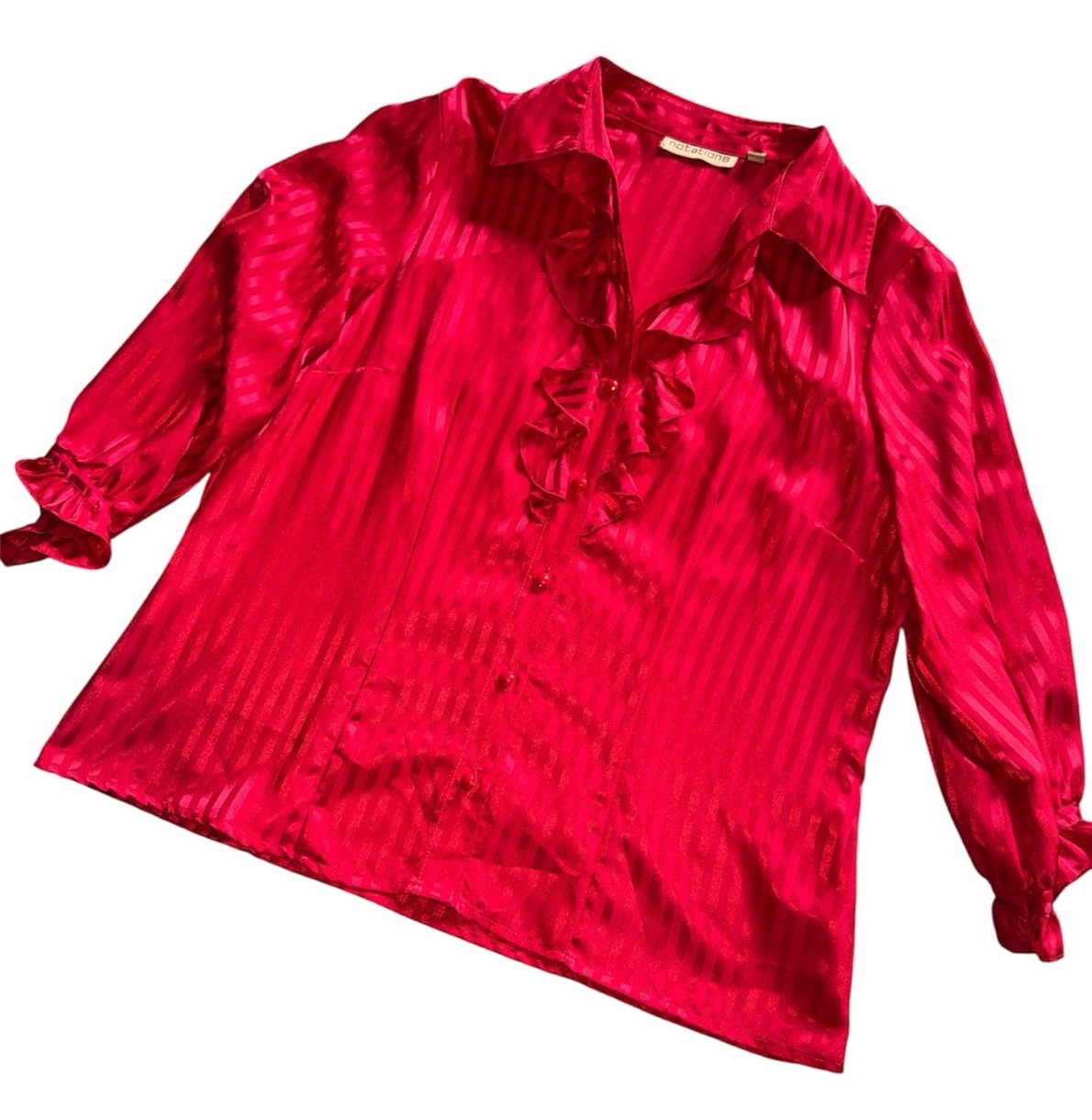Notations VTG red ribbon stripe cascading ruffle secretary blouse Romantic Top L