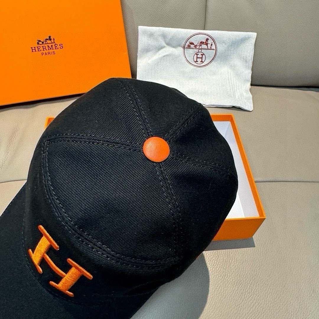 Hermes Men’s Baseball Cap Miles H Circle Black Orange Canvas Hat