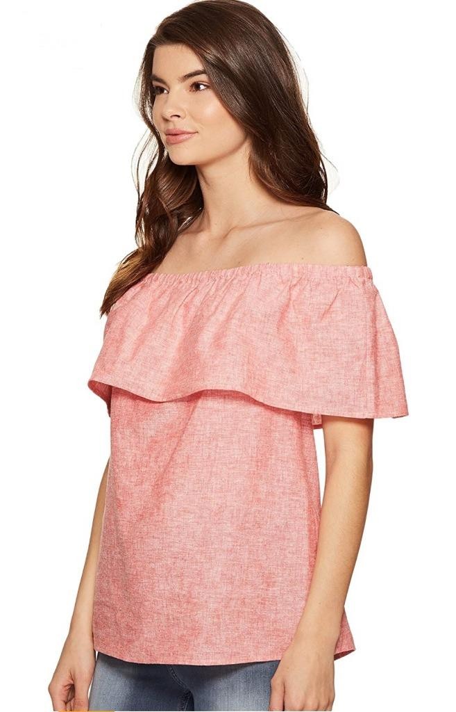 KENSIE NEW Linen Cotton Off Shoulder Summer Tunic Top M Coral Pink Lightweight