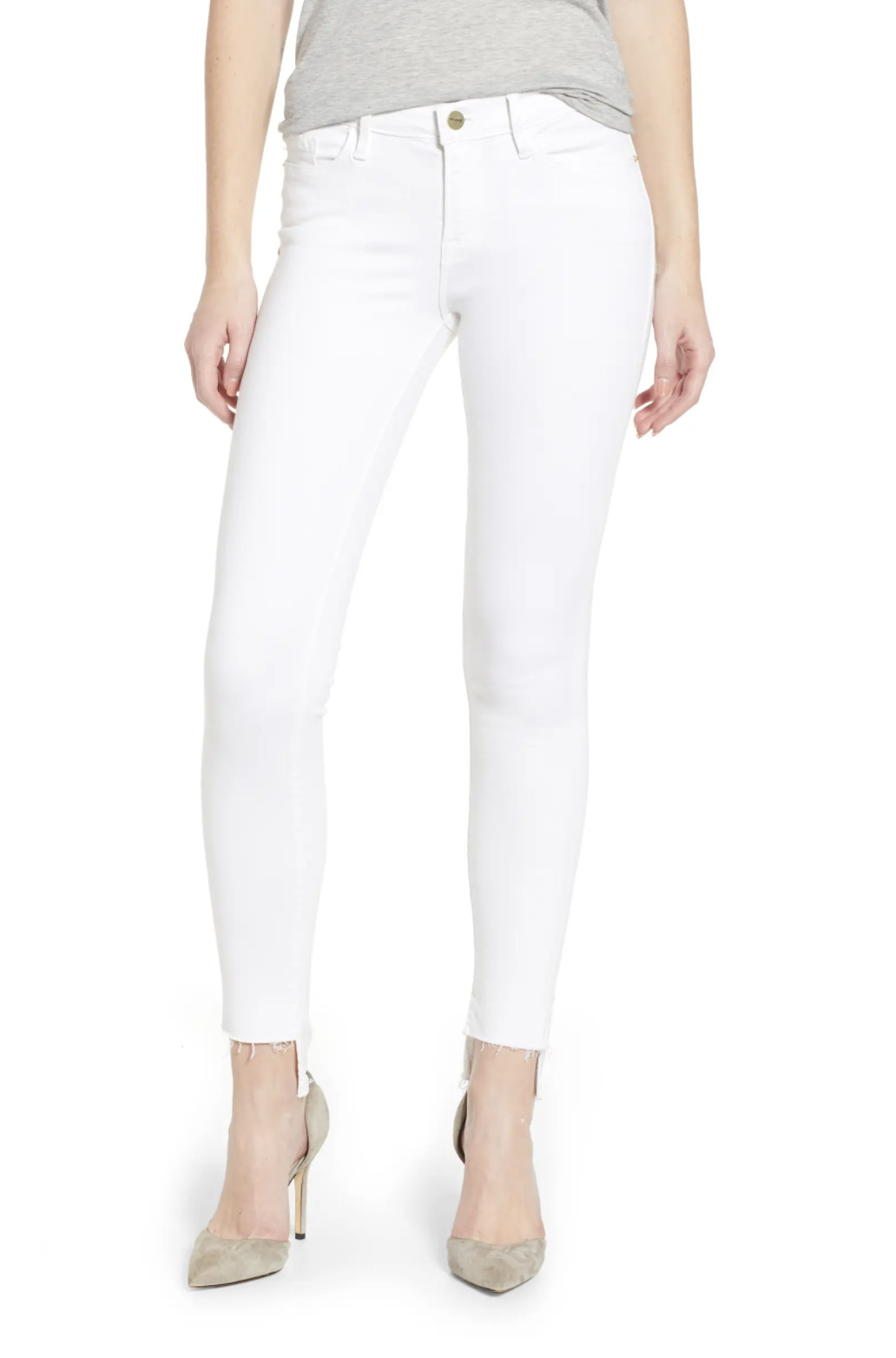 FRAME DENIM Le Skinny de Jeanne Raw Stagger Jeans Denim White Blanc 24 $205 B502