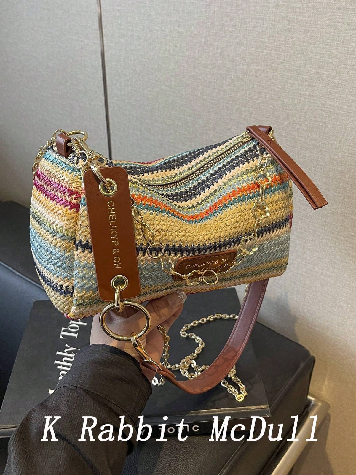 New Spring Summer Contrast Striped Woven Straw Shoulder Bag, Fashion Letter