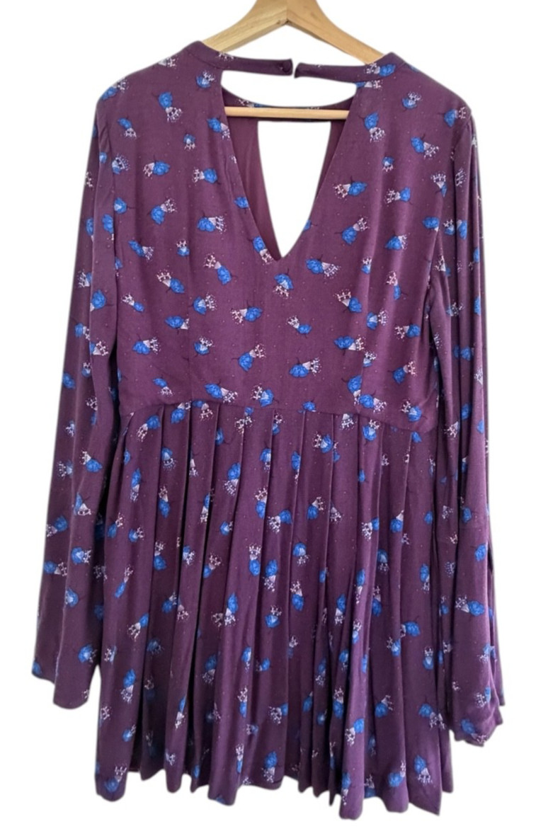 Free People Tegan Mini Dress Size 8 Bell Sleeve Purple Blue Floral Boho Babydoll