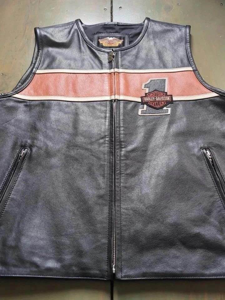Harley-Davidson Men’s Victory Lane #1 Stripe Leather Motorcycle Biker Vest