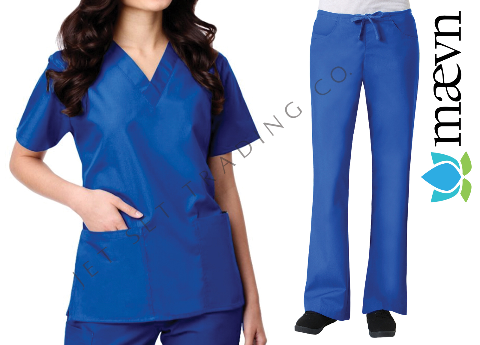 Maevn Women’s Royal Blue Scrub Set 2 Pocket Top Flare Leg Pants Sizes 2XS to 2XL