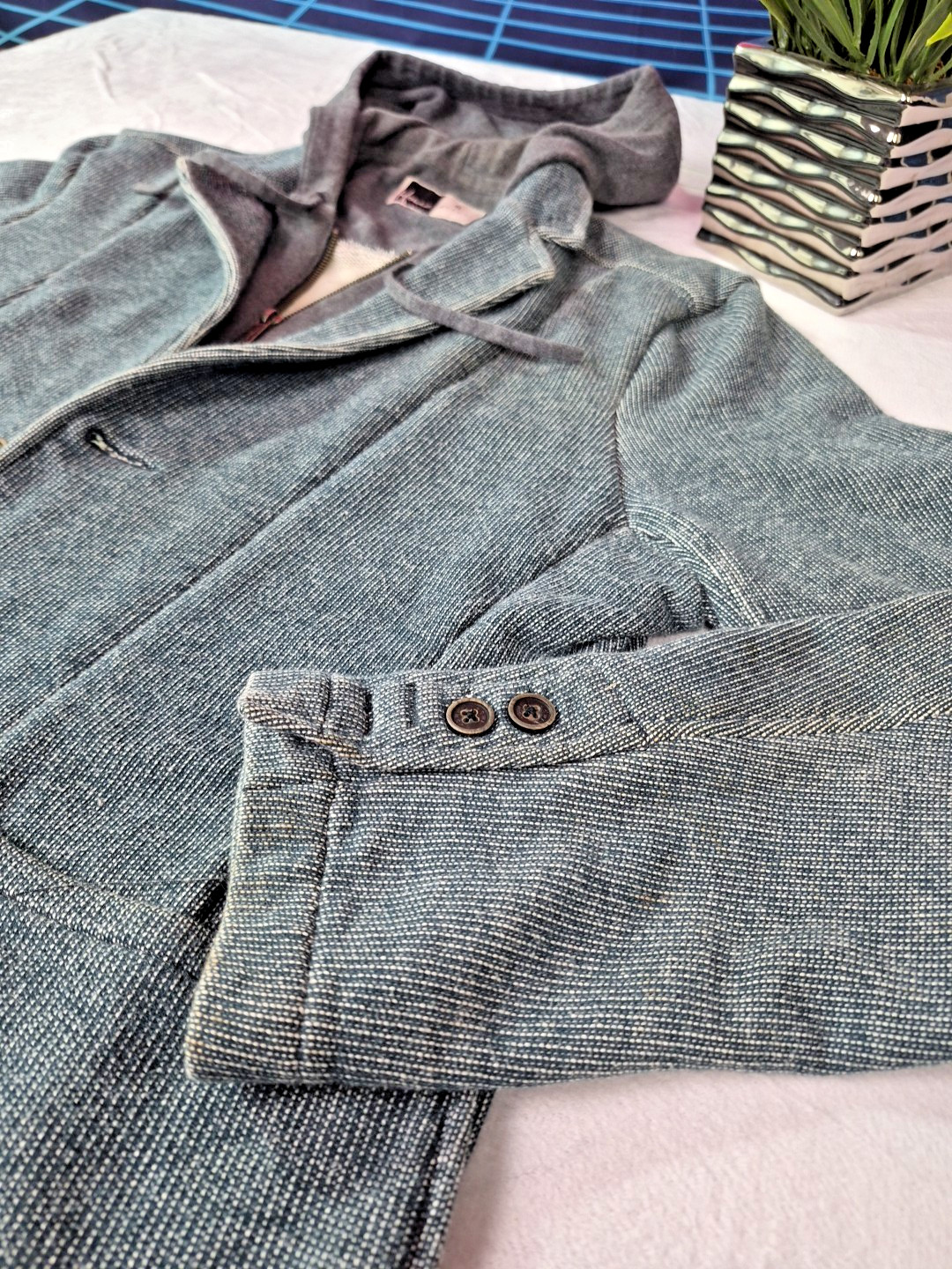 HOWE DISTRESSED COTTON BLEND SOFT TEAL FULL ZIP HOODIE BLAZER SIZE LARGE