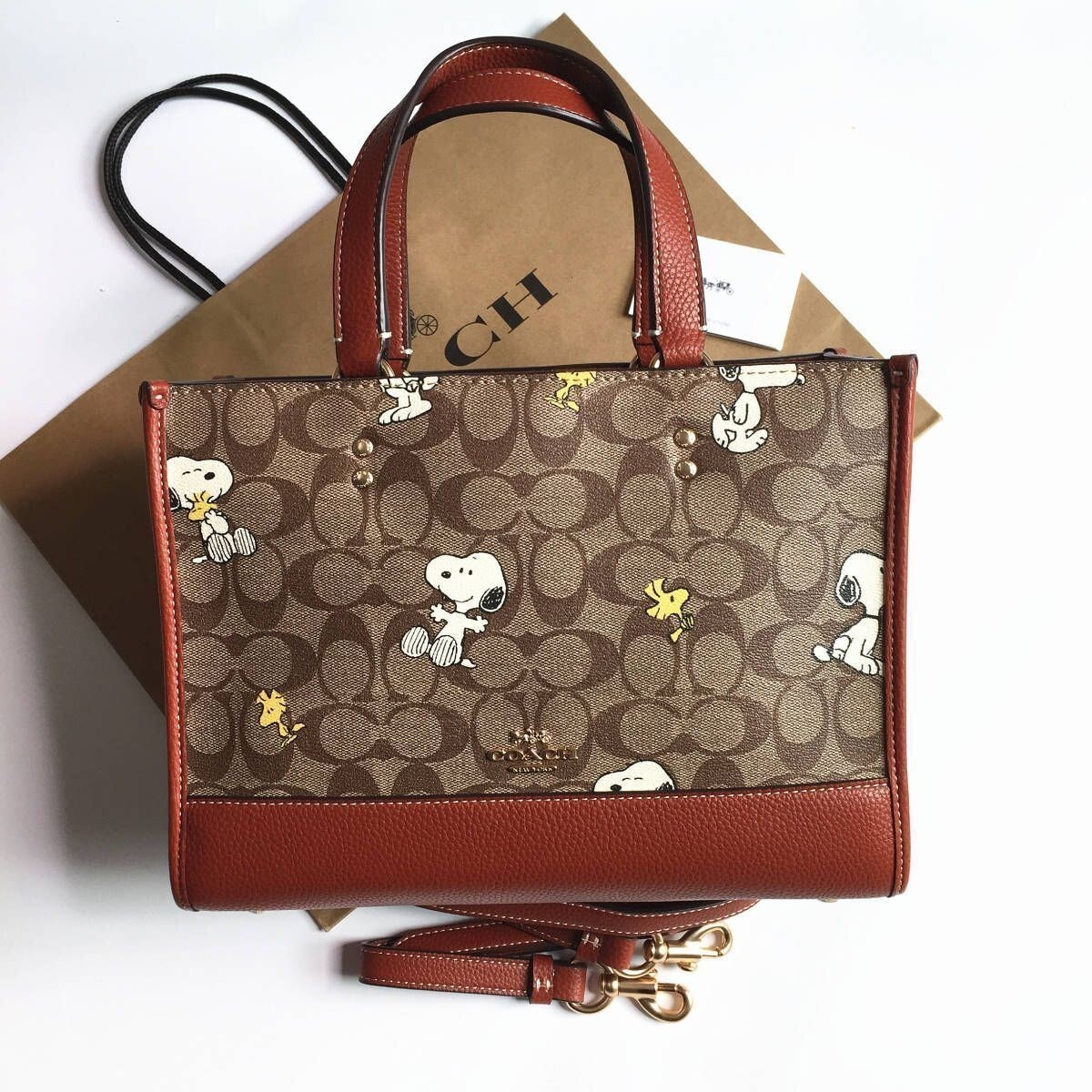 Coach CE862 Snoopy Tote Bag Dempsey Carryall Signature Canvas Smooth Leather