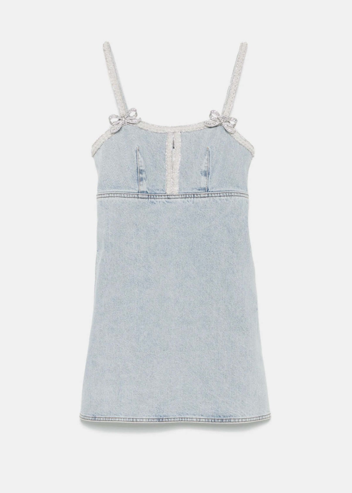 Self-Portrait LIGHT Denim RHINESTONE Pearl-Trim BOW Minidress CUTOUT SZ 8 NWT