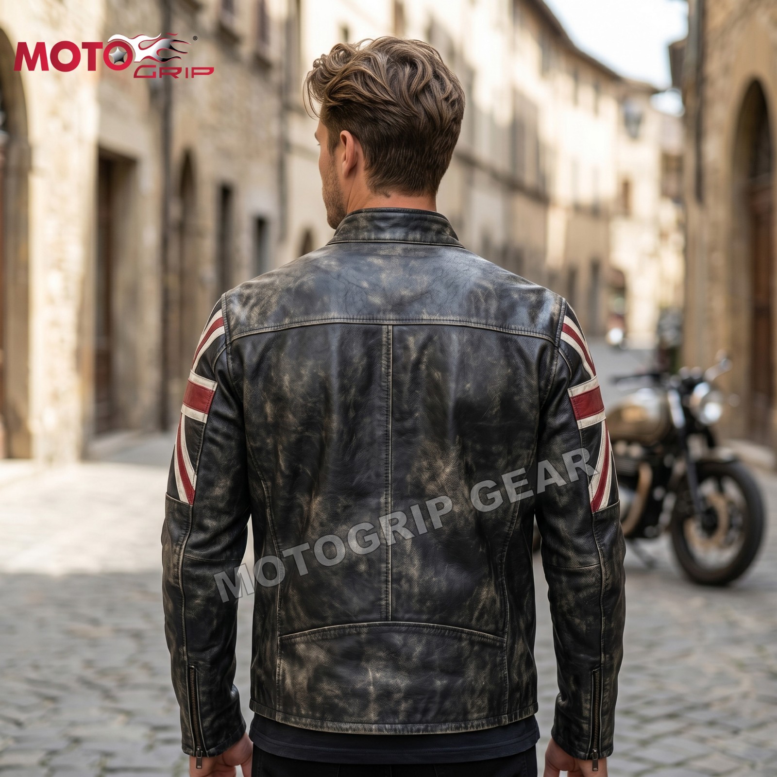 Men’s Biker Cafe Racer Motorcycle UK Flag Patch Vintage Distressed Black Leather