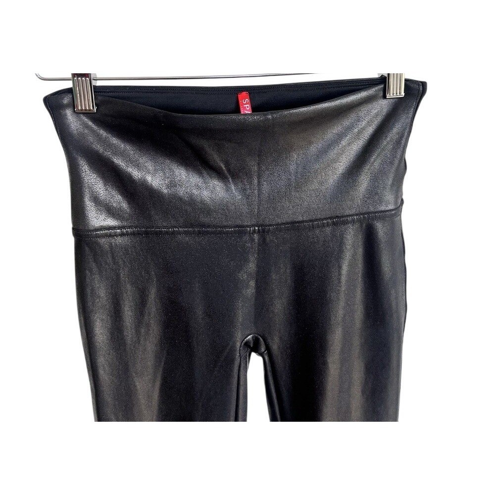 Spanx Faux Leather Leggings Sz Medium Black Shiny Shaping Nylon Pants