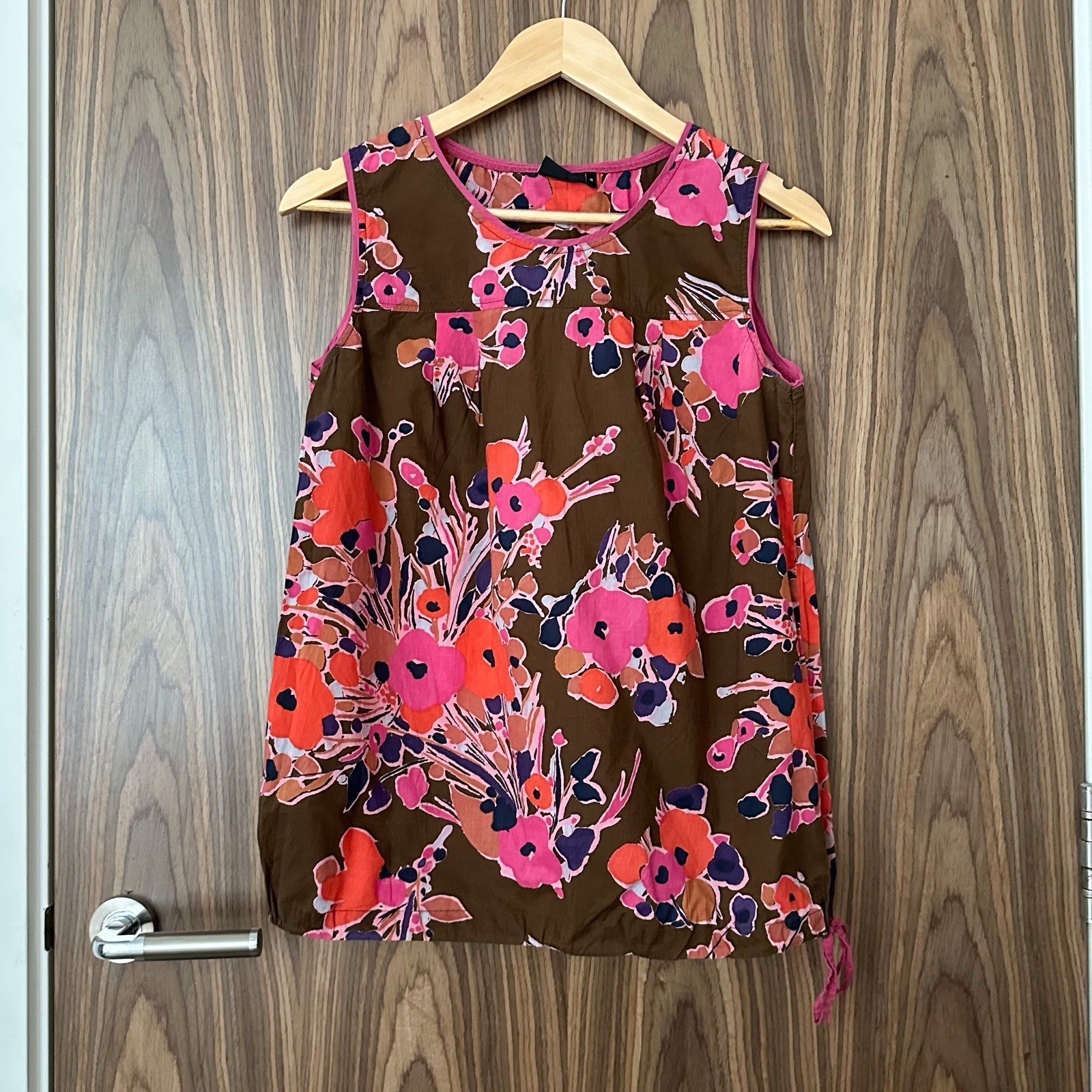 Next Brown Pink Orange Floral Sleeveless Tie Detail 100% Cotton Blouse UK 10