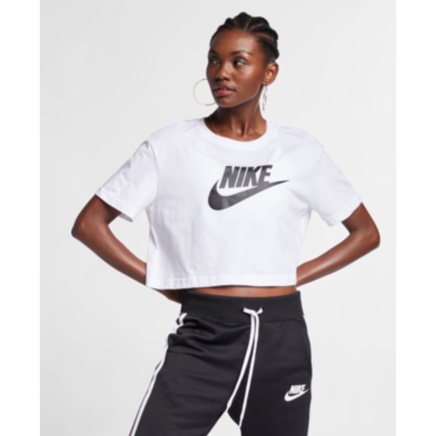 Nike Sportswear Essential Womens Cropped T-Shirt White Black Logo BV6175-100 L