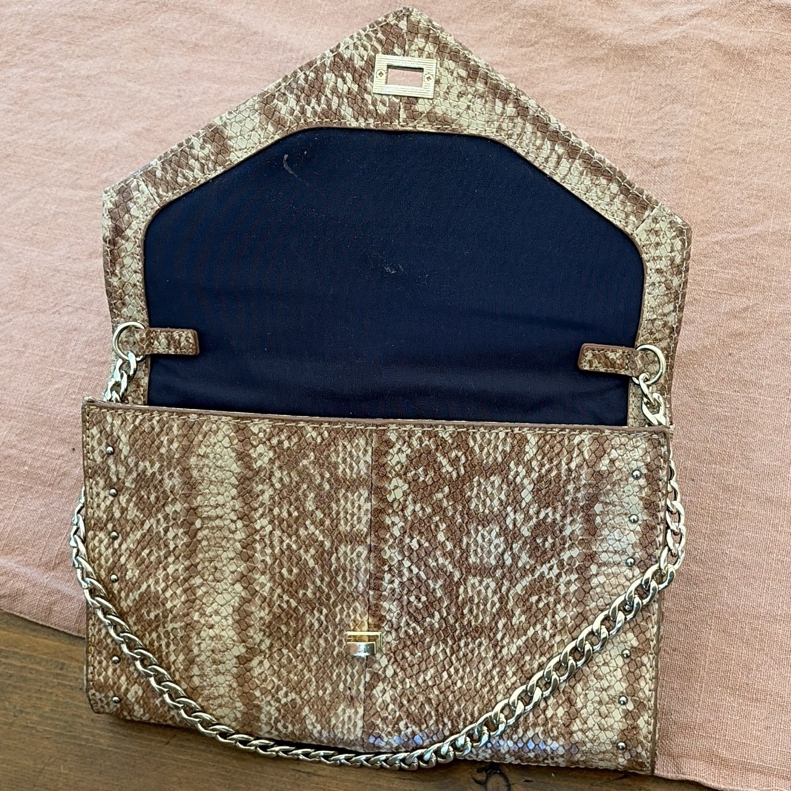 Cole Haan Pink Tan Snake Print Embossed Chain Bag Silver Hardware