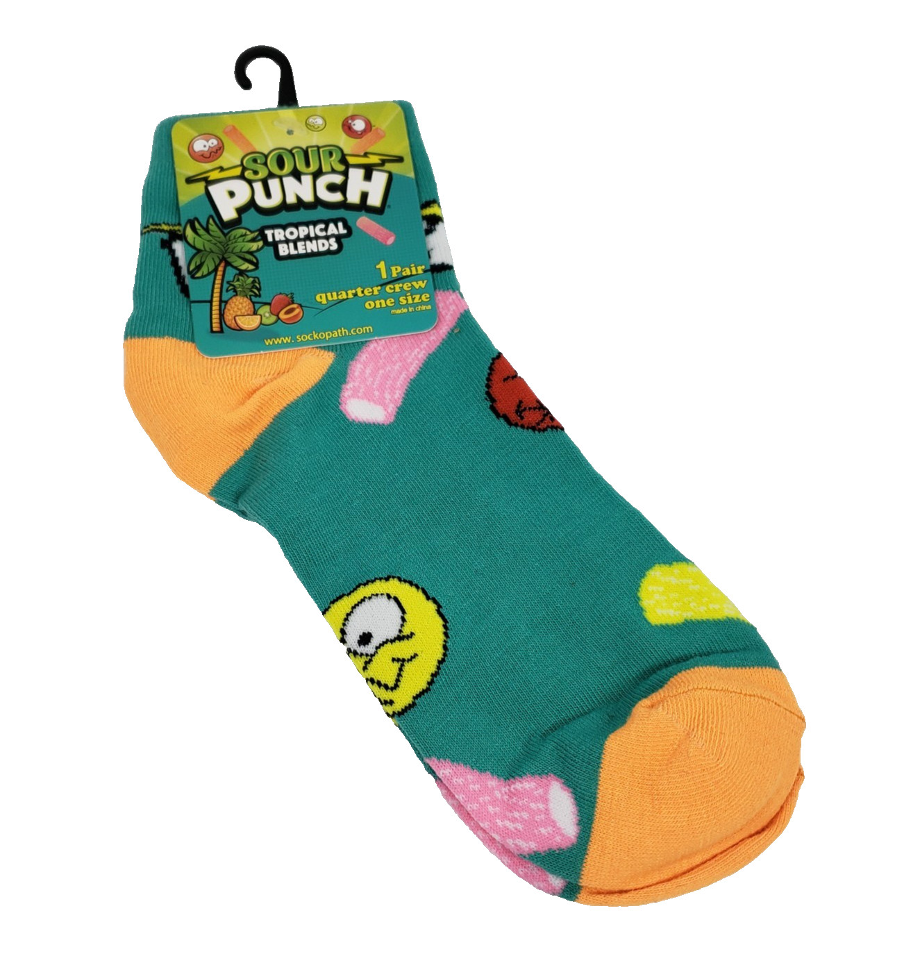 Sour Punch Mens One Size Teal Tropical Blends Novelty Graphic Quarter Crew Socks