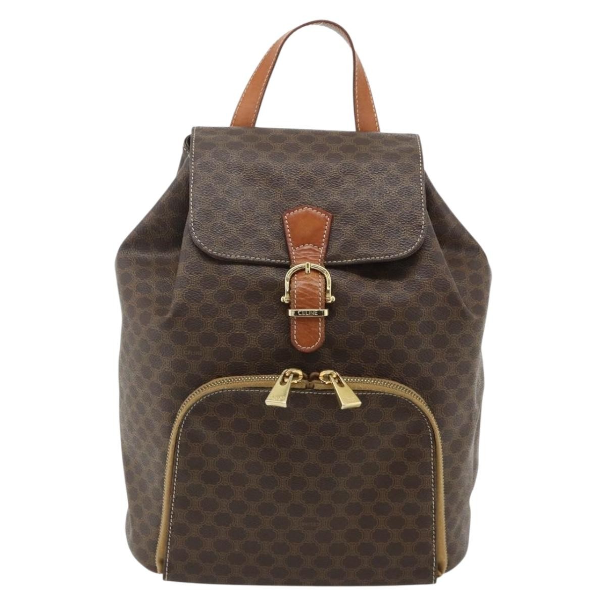 CELINE Macadam Canvas Backpack PVC Leather Brown Gold Auth 176821