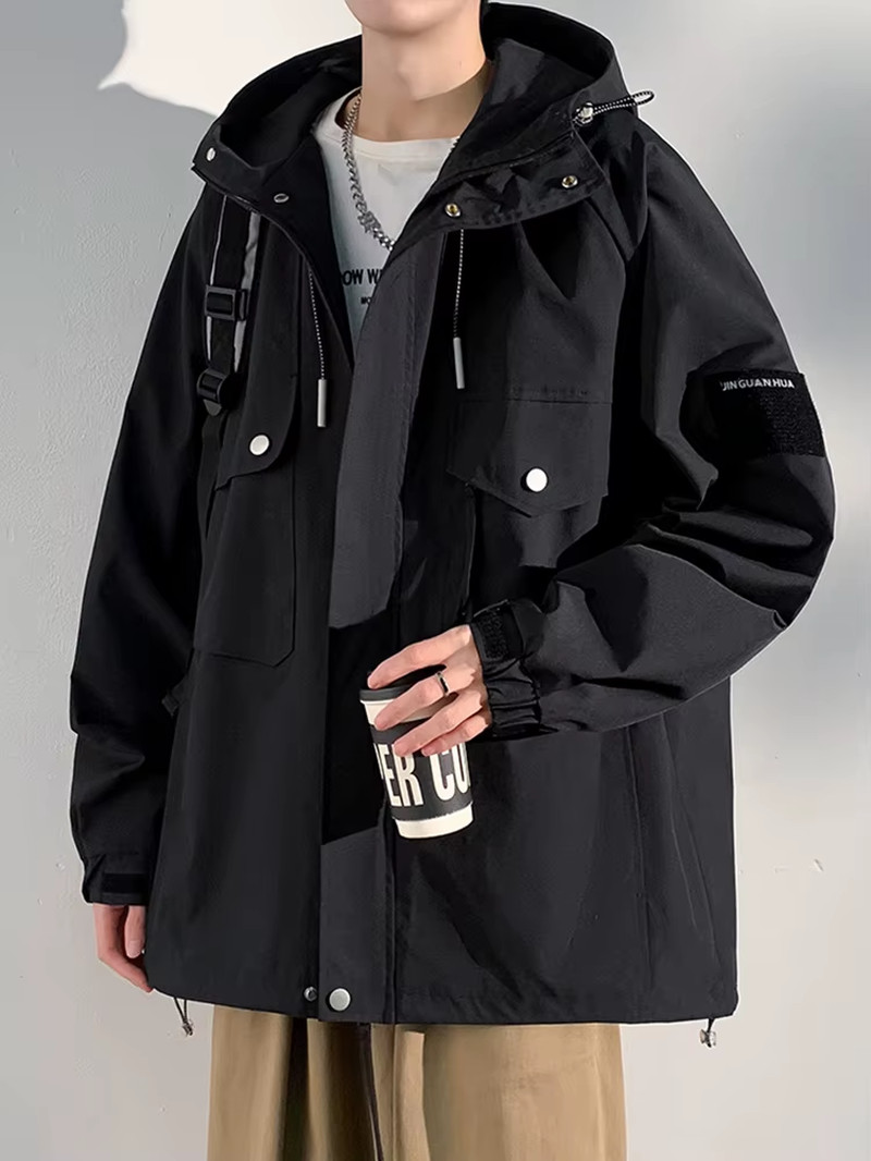 2024 New Spring Jacket Men Korean Fashion Unisex Hooded Windbreaker Multi-Pocket