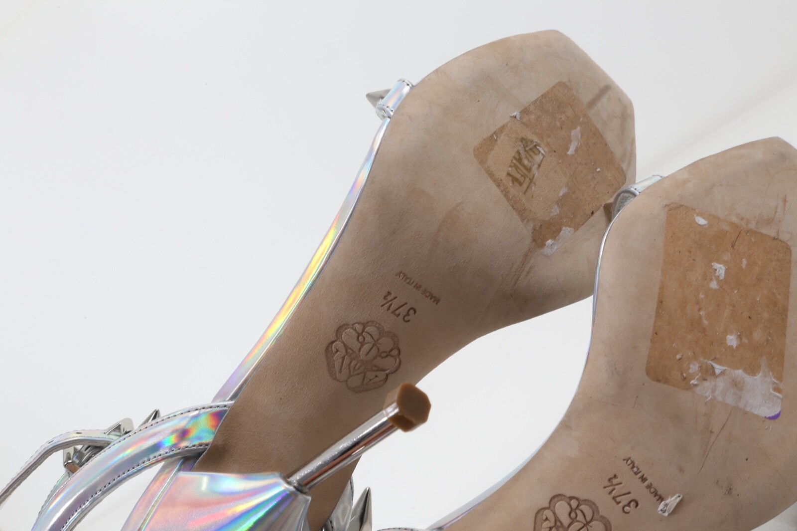 Alexander McQueen Metallic Silver Patent Leather Strappy Heel Sandals Size 37.5