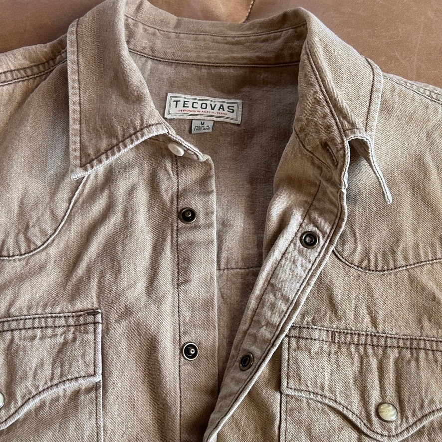 Tecovas Mens Pearl Snap Western Shirt Tan Denim Cotton Cowboy Ranch Wear M