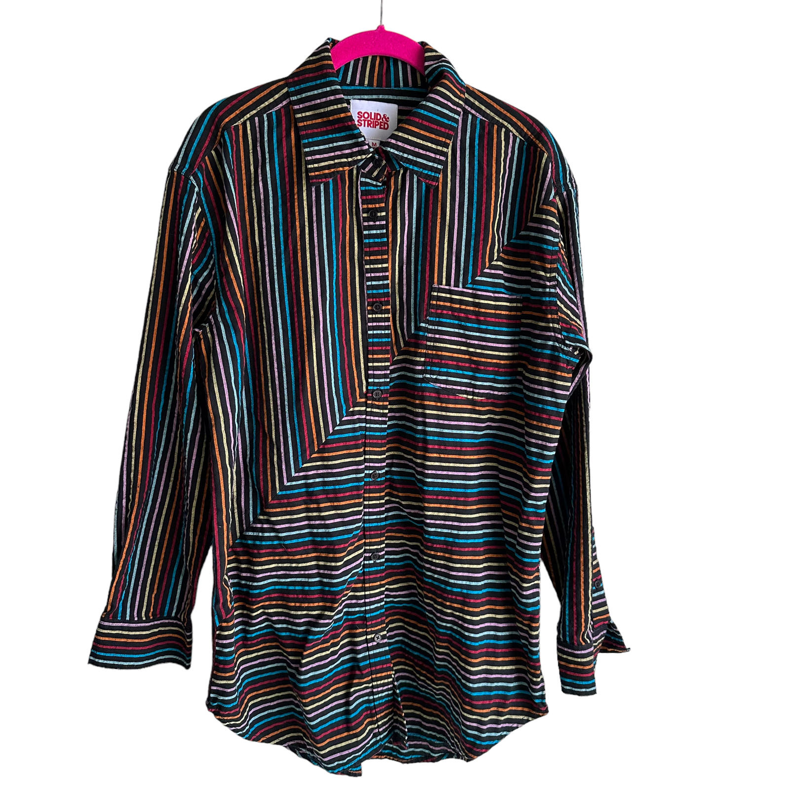 SOLID & STRIPED “The Oxford Tunic” Black Rainbow Pinstripe Ladies Button Up, M
