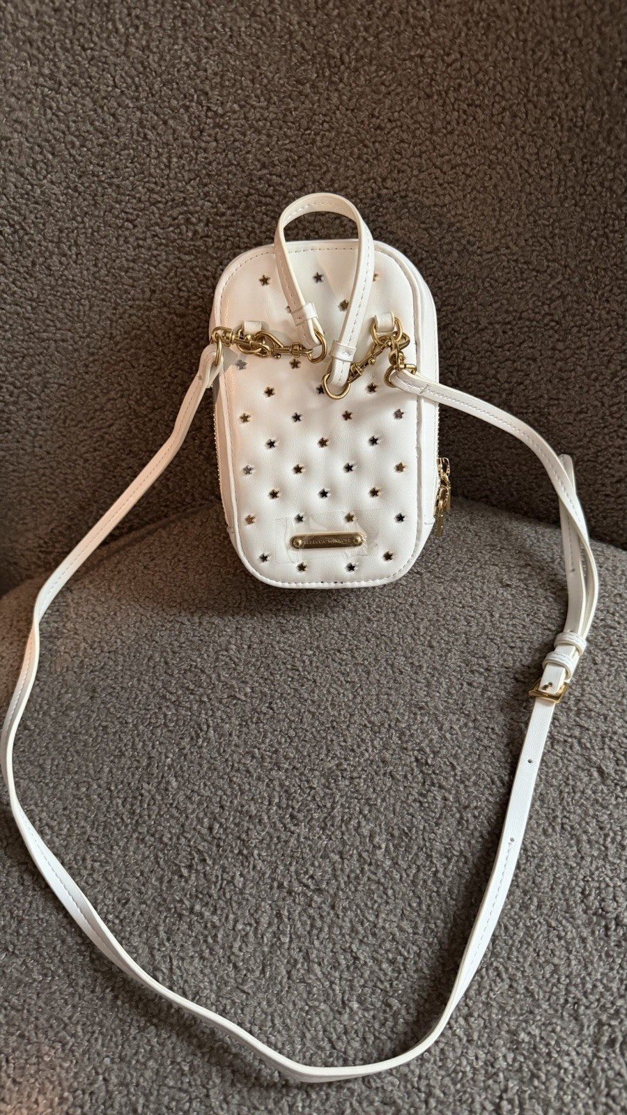Rebecca Minkoff White Star Studded Mini Crossbody Bag Gold Zip Detachable Strap