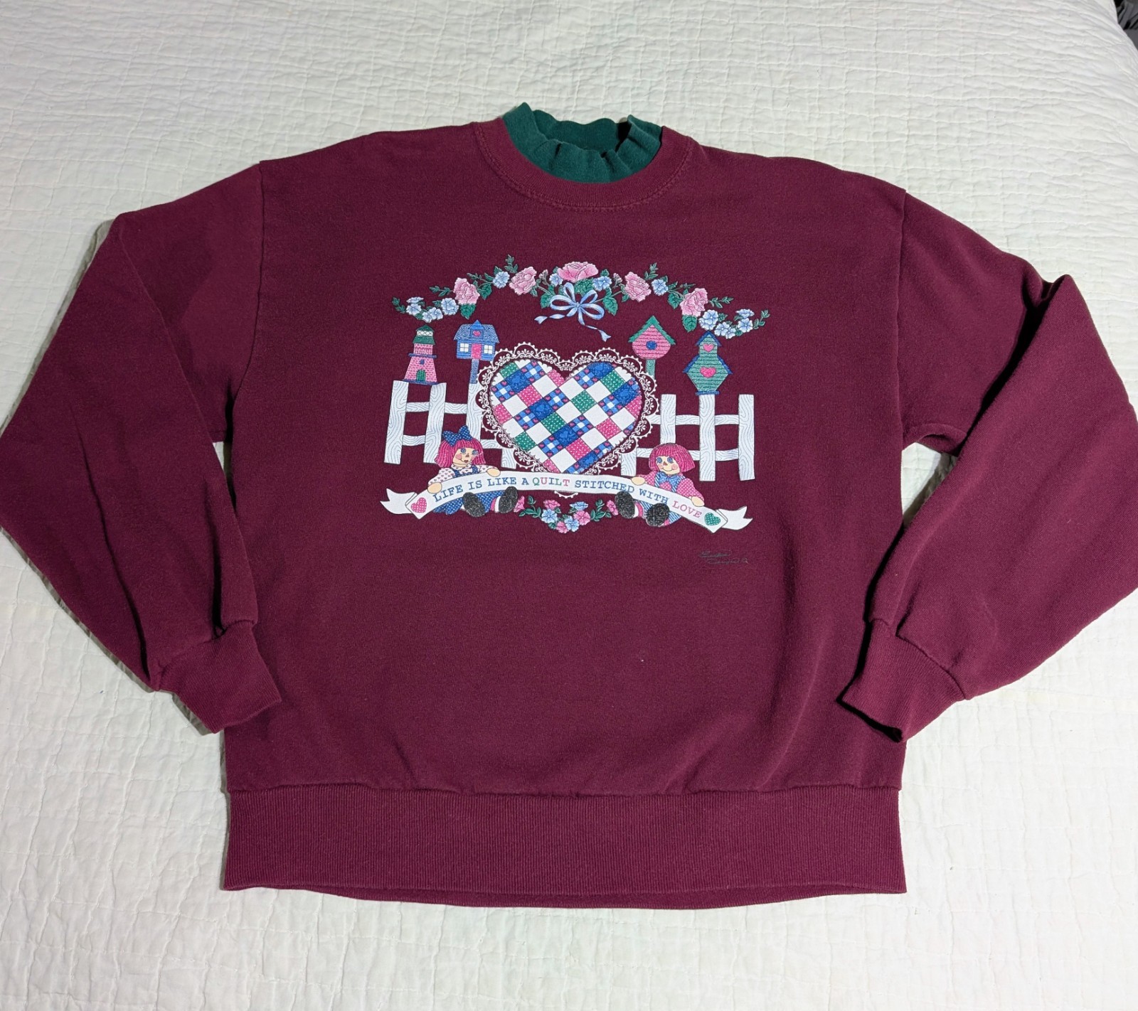 Vintage Sweatshirt Endless Designs Sz Large Quilt Heart Love Bird House Plum