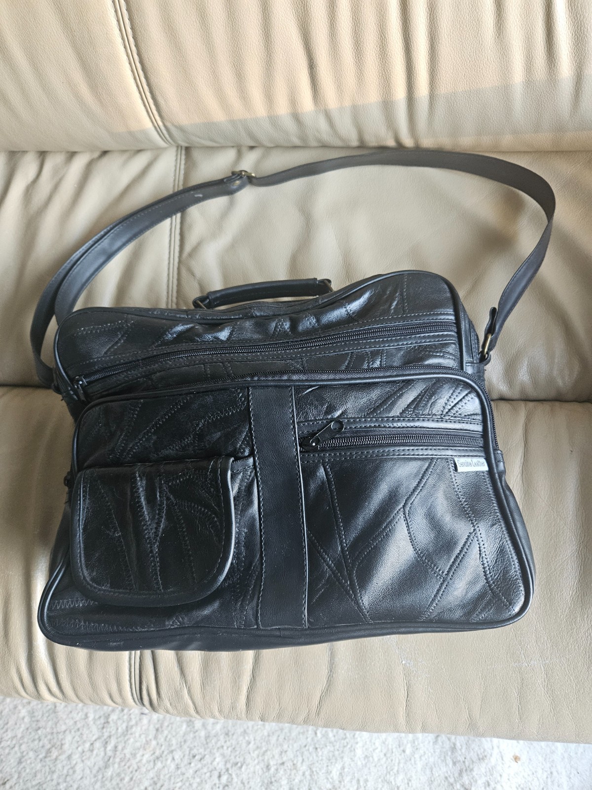 GENUINE LEATHER BRIEFCASE 14 INCHES LONG, 10.5 INCHES HIGH, 5 INCHES WIDE STRAP