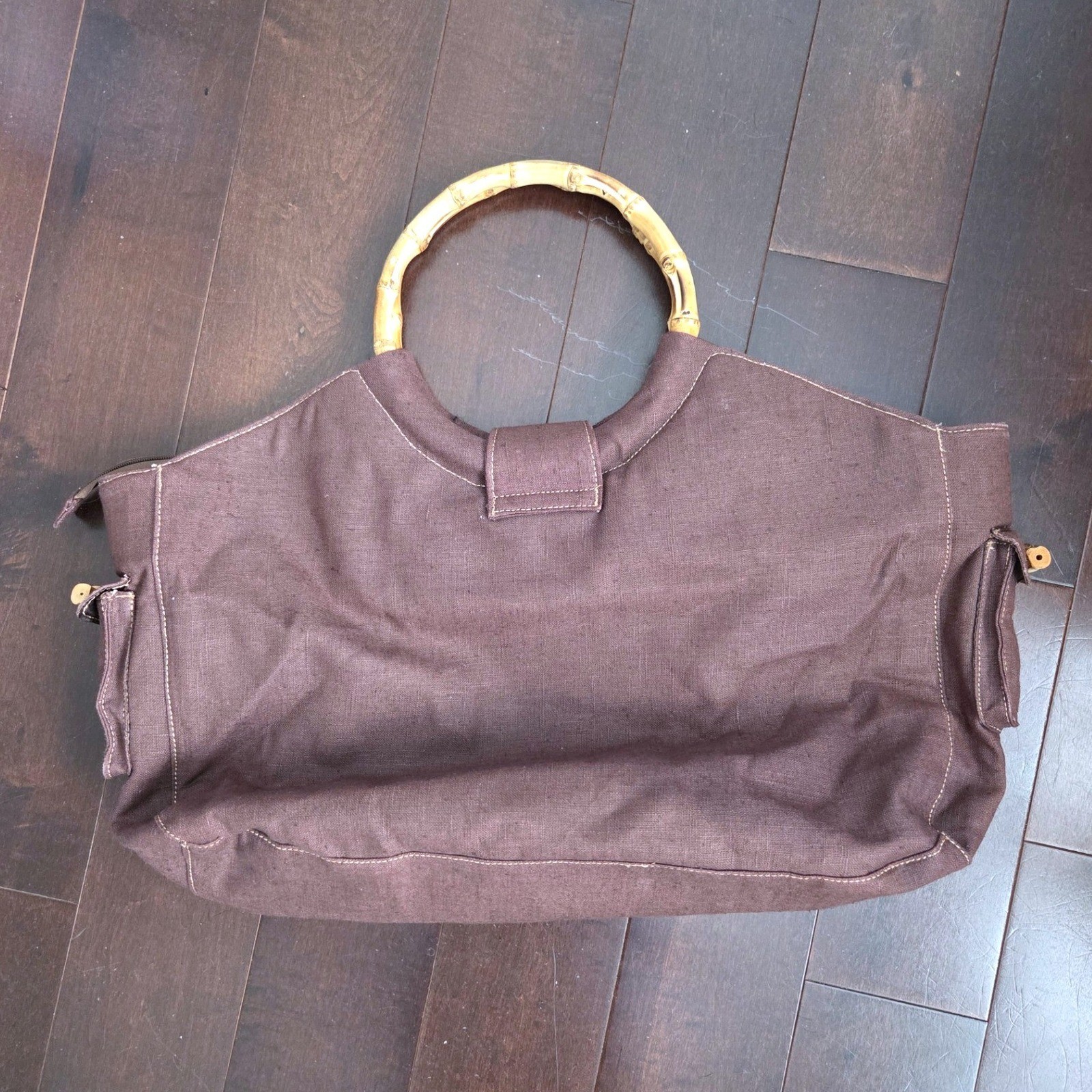 Large Brown Hemp Beach Tote Bag Bamboo Top Handle Zip Closure Boho Summer Travel