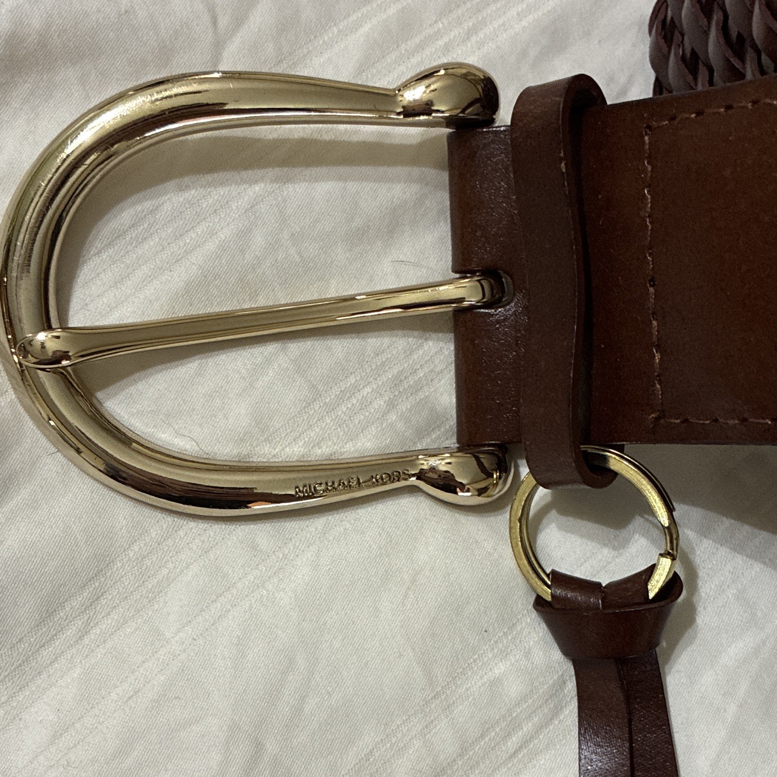 Michael Kors Women’s Brown Braided Belt Gold-Tone Buckle Logo Accent Size M