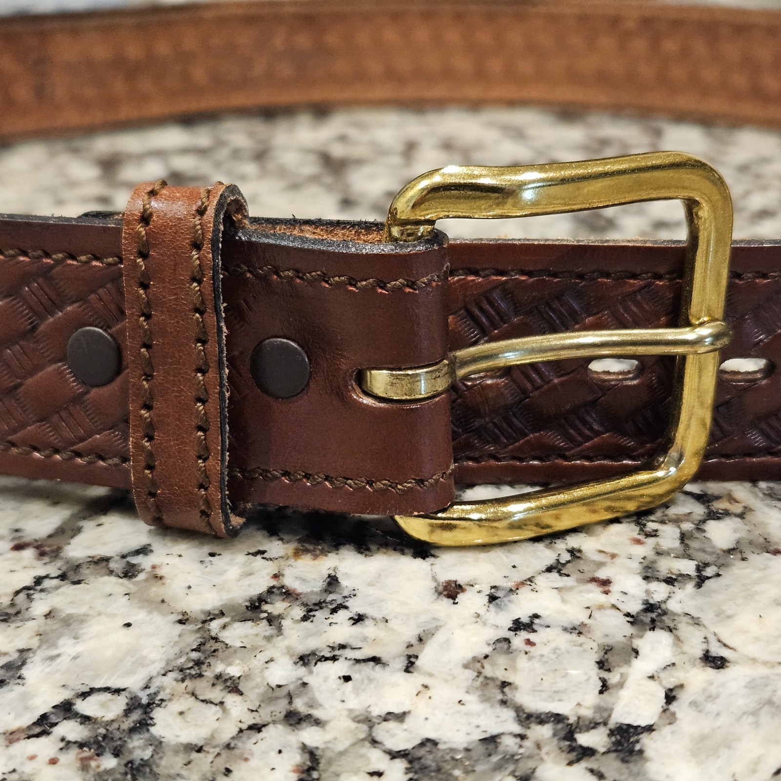 NWOT Rare Chambers Leather Money Belt 38 Brown Basketweave USA Hidden Zip, 1.5″