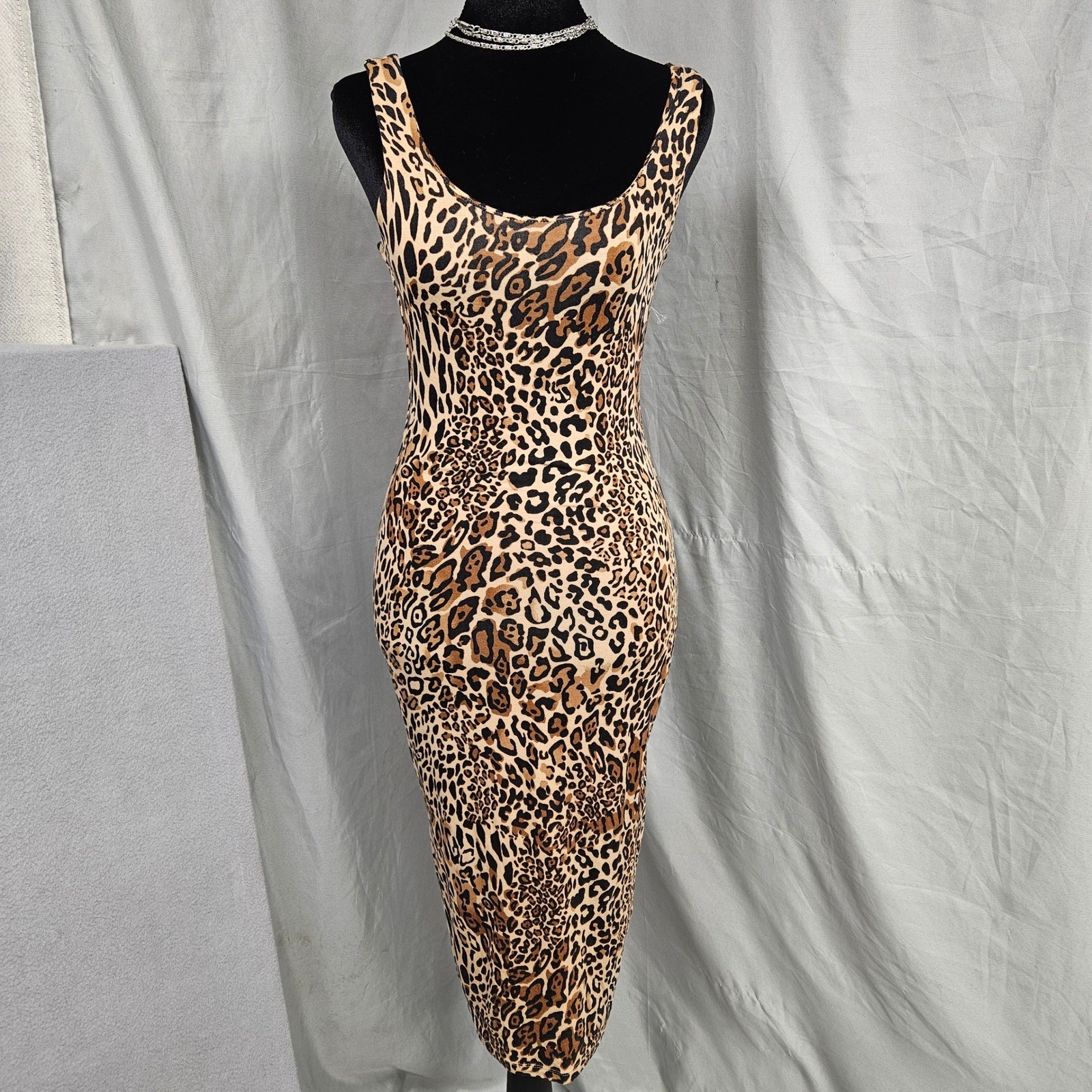 Bar III Womens Leopard Print Bodycon Midi Dress Brown Tan Black XS Scoop Neck
