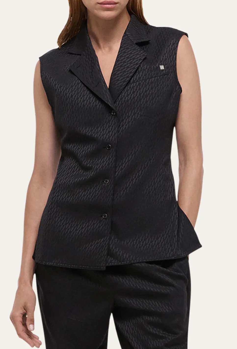 $545 HELMUT LANG Size 8 Sleeveless Modest Vest Black Tonal Jacquard Top