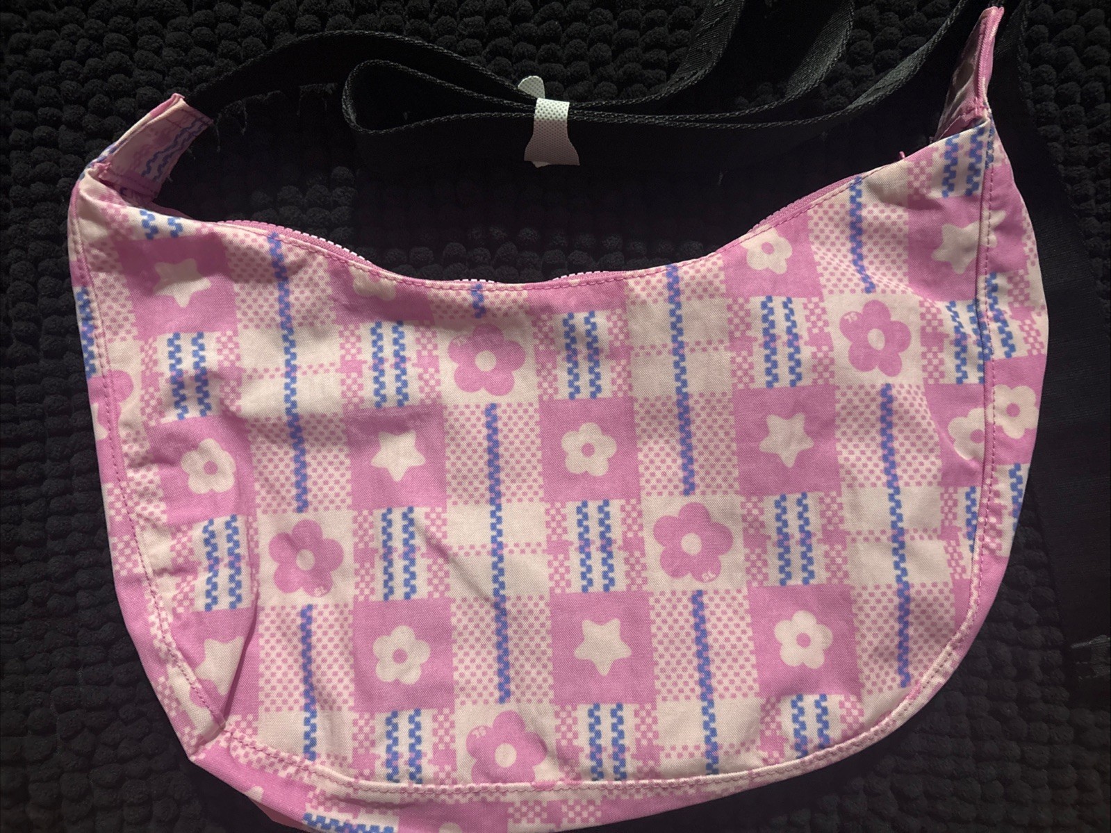 BAGGU X Sandy Liang Medium Nylon Crescent Bag in Market Plaid Pink (Flowers)
