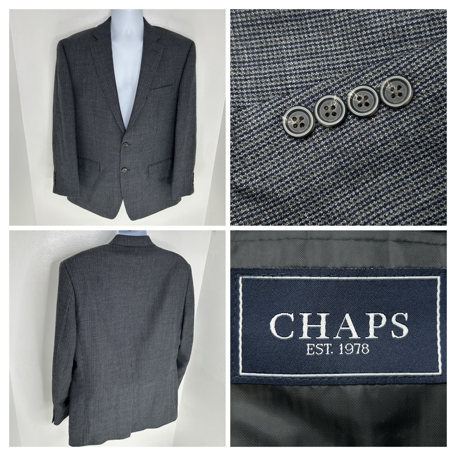 Chaps 100% Wool Gray Check Blazer Suit Coat Jacket Size 42R Business Classic