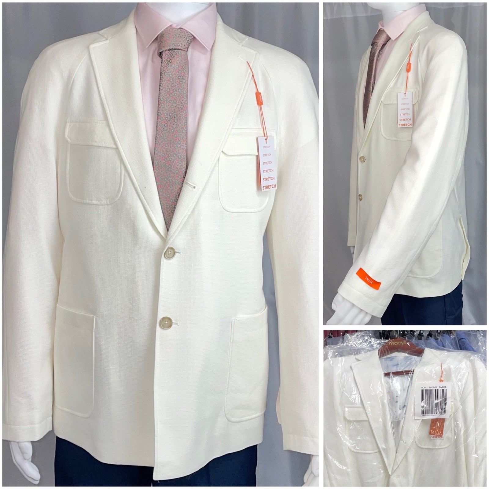 Tallia 44R Men’s Slim-Fit Stretch Lightweight Textured Sport Coat White New