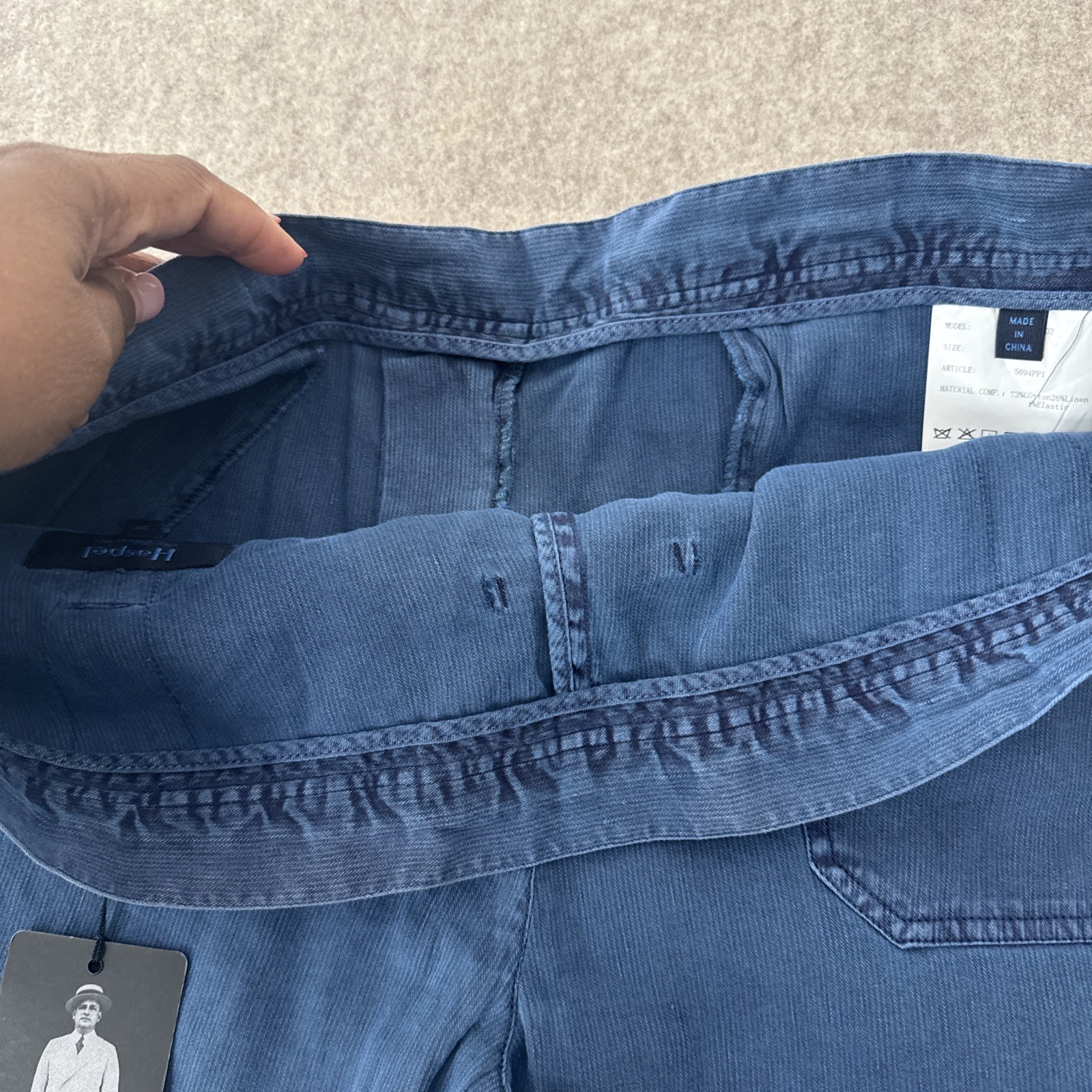 Haspel Corded Linen Blend Drawstring Trouser Blue Slim Fit Mens 36 New